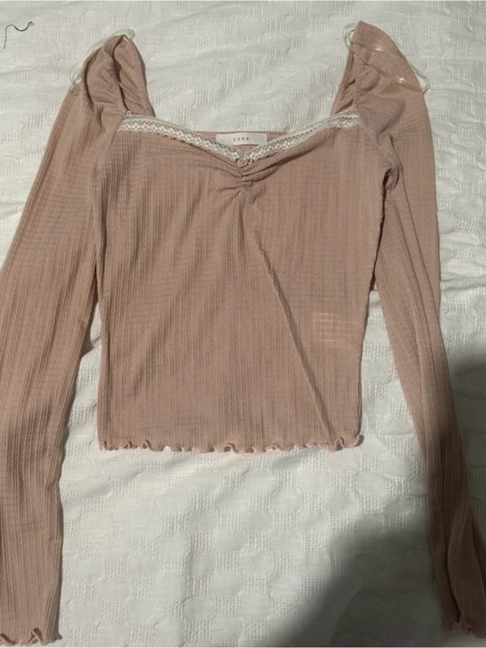 LUSH Soft  Ribbed Lace-Trim Long Sleeve Top - Blush